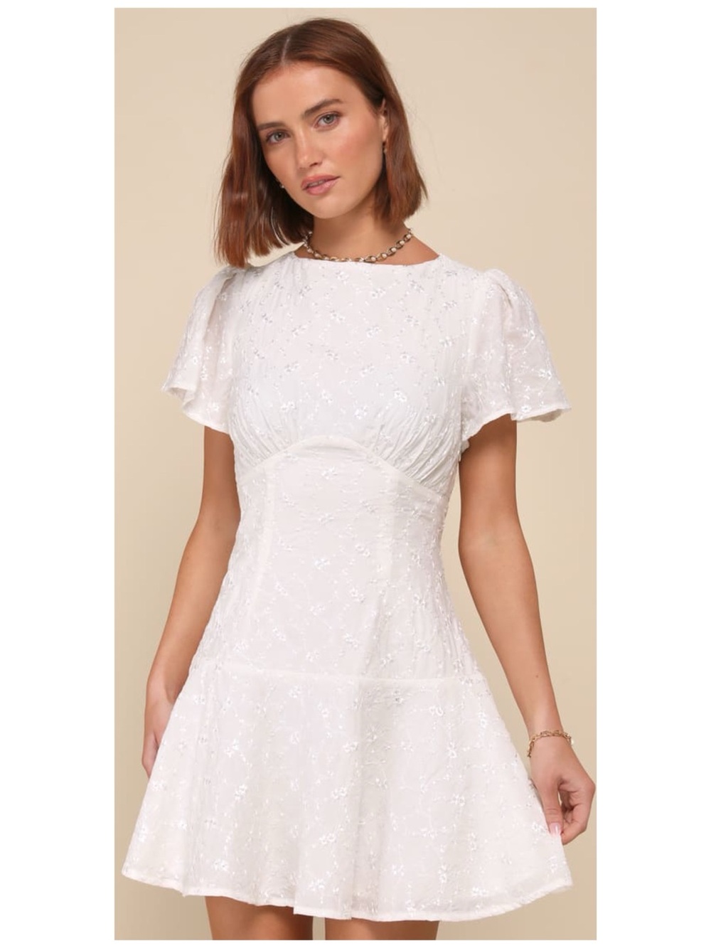 LULUS Women Size M Memorably Angelic Ivory Embroidered Flutter Sleeve Mini Dress